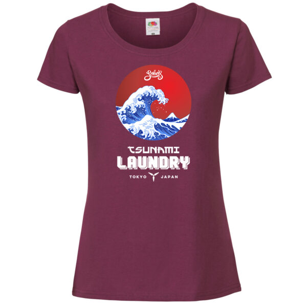 Tsunami laundry womens T shirt white on burgundy