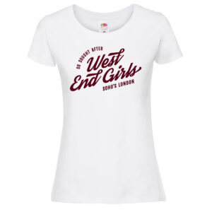 West end girls womens T shirt burgundy on white